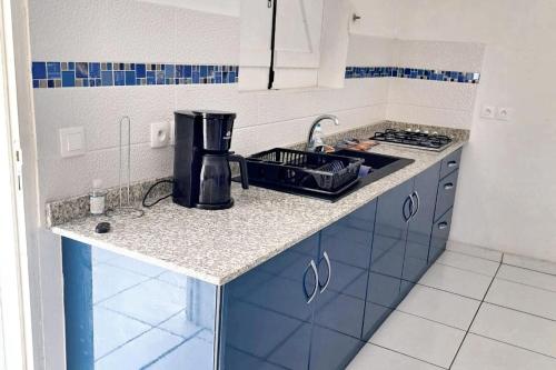 a kitchen with a sink and a coffee maker on a counter at Maison confortable à Le Moule avec piscine partagée in Le Moule