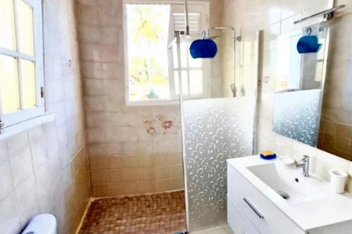 a bathroom with a shower and a sink at Maison confortable à Le Moule avec piscine partagée in Le Moule