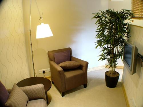 uma sala de estar com uma cadeira e uma planta em Albert Hotel em Kirkwall