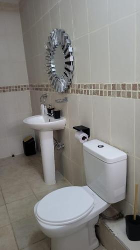 a bathroom with a white toilet and a sink at Sofitel Executive 3 bedrooms own compound in Kisumu