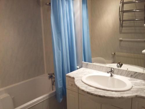 La salle de bains est pourvue d'un lavabo et d'un rideau de douche bleu. dans l'établissement Gîte Les Glycines, à Gérardmer