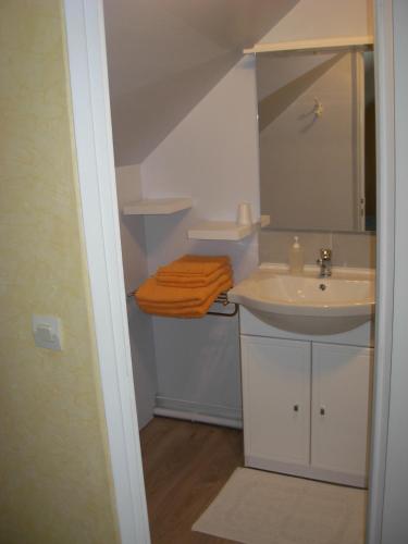 une petite salle de bain avec un lavabo et un miroir dans l'établissement Les Chambres d'Ebalet, à Saint-Blimont