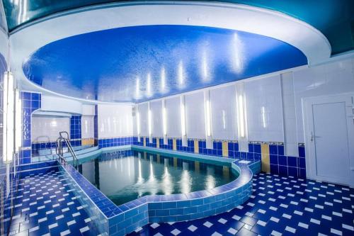 a large swimming pool in a blue and white room at Dniprovski Zori in Kremenchuk