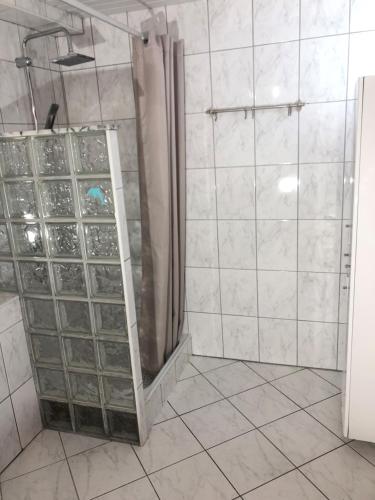 a shower with a glass door in a bathroom at Quinta Forum in Tocha