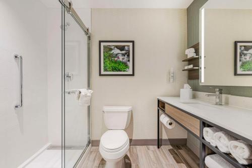 a bathroom with a toilet and a glass shower at Hilton Garden Inn Colorado Springs Airport in Colorado Springs
