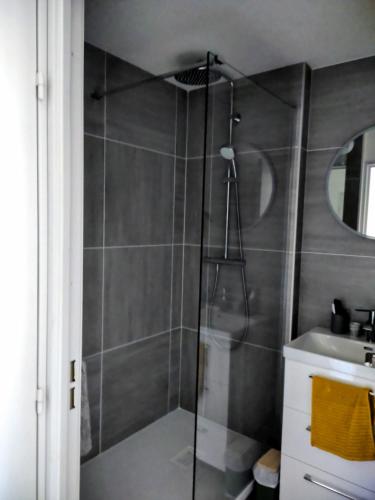 une douche avec une porte vitrée dans une salle de bain dans l'établissement Appartement Guillestre 2 personnes, à Guillestre