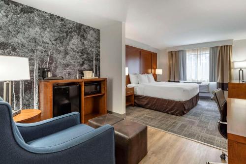a hotel room with a bed and a chair at Comfort Suites Golden West on Evergreen Parkway in Evergreen