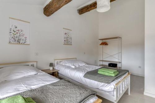 two beds in a room with white walls at L'Euphorbe Terrasse Wifi in Peyriac-de-Mer