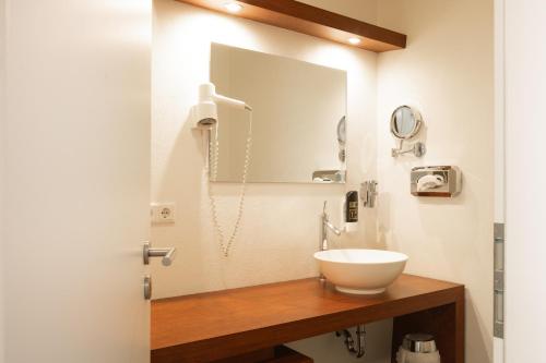 a bathroom with a sink and a mirror at Appartmentanlage/Ferienhaus Handewitt in Handewitt