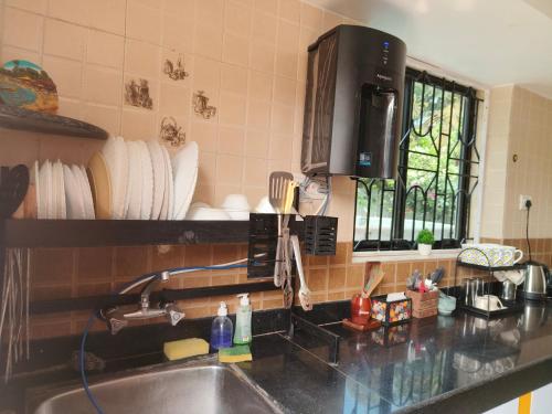 a kitchen counter with a sink and a window at Villa NAMAKA in Morjim