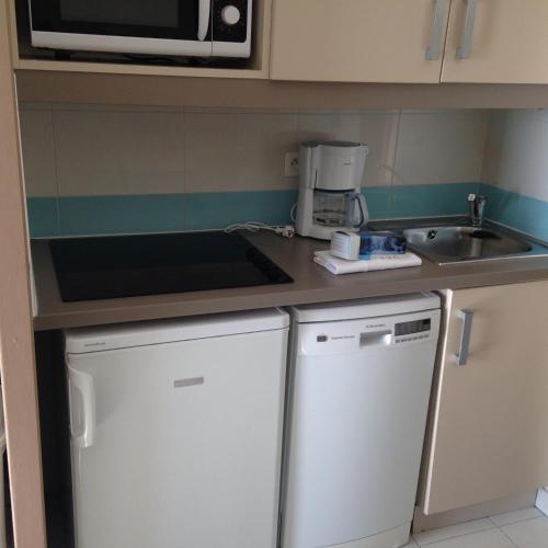 une petite cuisine avec un évier et un micro-ondes dans l'établissement pierre et vacances, à Cannes