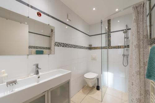 une salle de bain avec un lavabo, des toilettes et une douche dans l'établissement Les Coteaux 3 - Studio à 10min de Paris, à Argenteuil