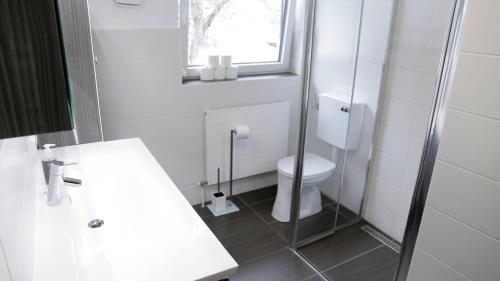 a bathroom with a toilet and a sink and a window at Thurners Dependance in Bruck an der Großglocknerstraße