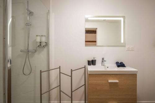 une salle de bain avec un lavabo et une douche avec un miroir dans l'établissement Le Lithographe Duplex, à Narbonne