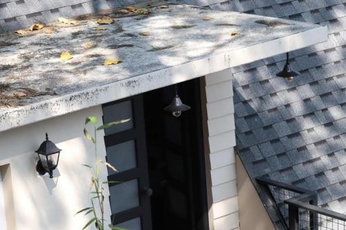 a porch with a roof with leaves on it at Cicadas Nature Resort - A Frame cottages in Wayanad