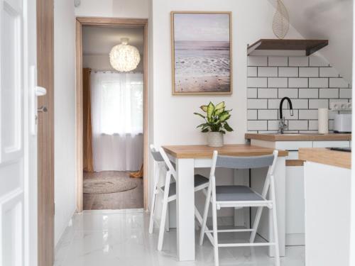 a kitchen with a table and chairs in a room at Írisz Apartman teljes ház in Balatonmáriafürdő