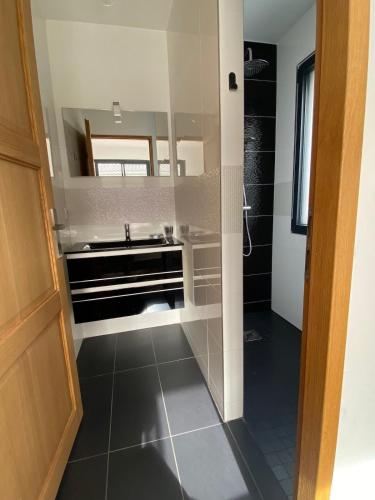 une salle de bain avec un lavabo et un miroir dans l'établissement Bassin d 'Arcachon House with heated pool, à La Teste-de-Buch