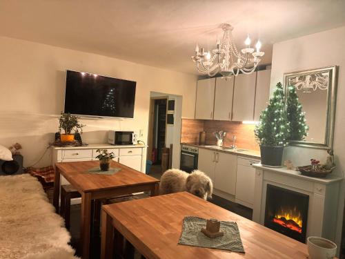 a kitchen with a living room with a fireplace at Schäferwagen Own Sleeping bag Gemeinschaftsbad Free WiFi in Hausbreitenbach