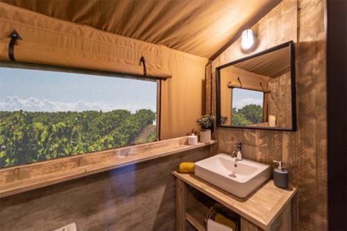 a bathroom with a sink and a large window at Camping Le Val de Cesse in Mirepeisset