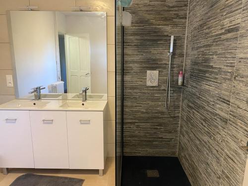 ein Badezimmer mit Dusche, Waschbecken und Spiegel in der Unterkunft Grande maison et piscine privée in Saint-Ambroix