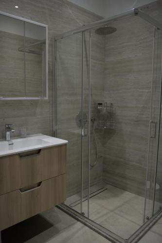 a bathroom with a shower and a sink at Sunrise Room 2 in Igoumenitsa