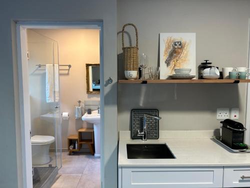 a kitchen with a sink and a counter top at The Wood Owl Nature's Valley in Natureʼs Valley