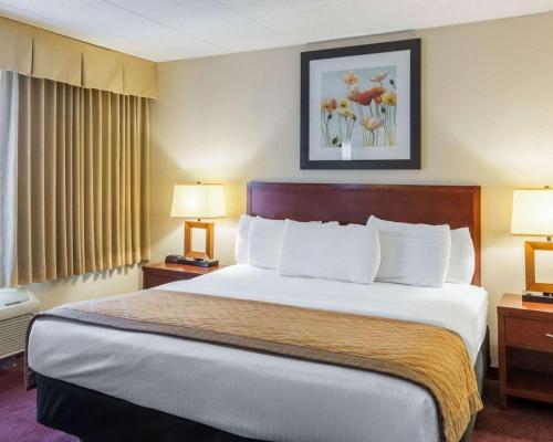 a large bed in a hotel room with two lamps at Clarion Hotel Somerset - New Brunswick in Somerset