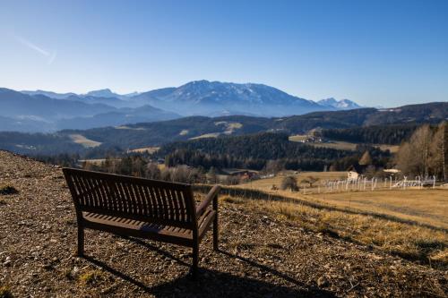 a bench sitting on a hill with mountains in the background at Studio Wild Park Panorama with Hot tub and Sauna in Tolsti Vrh pri Ravnah naKoroškem