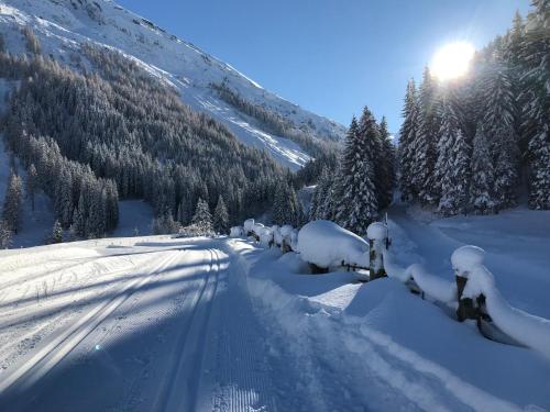 a road covered in snow on a mountain at Ferienwohnung Irene in Tux