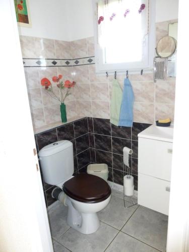 une salle de bain avec toilettes et lavabo dans l'établissement Villa spacieuse 8 personnes avec piscine proche des plages, à Vias