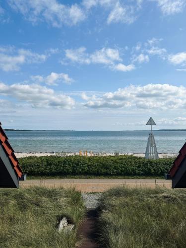 a view of a beach with an umbrella and the ocean at Ostsee-Strandhaus-Holnis in Glücksburg