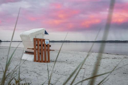 a beach chair sitting on the sand on a beach at Ostsee-Strandhaus-Holnis in Glücksburg