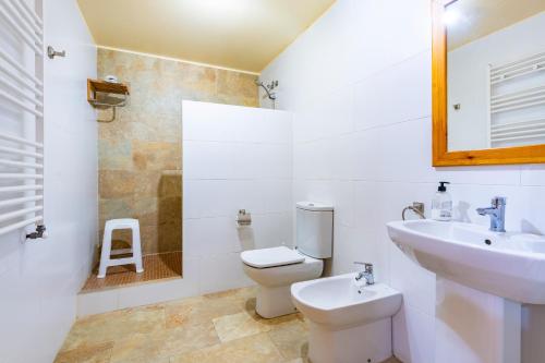 a bathroom with a sink and a toilet and a mirror at Les Oliveres Mil·lenaries 2 in La Jana