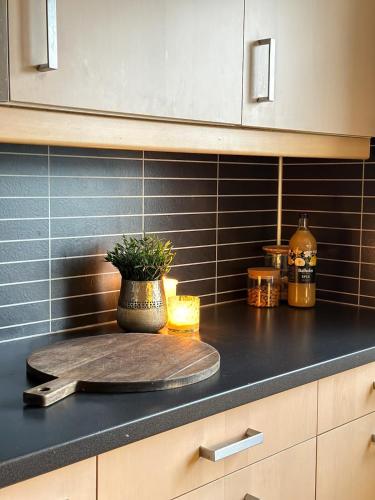 a kitchen counter with a cutting board with a plant on it at Stor innbydende leilighet med 4 soverom og sentral beliggenhet in Notodden