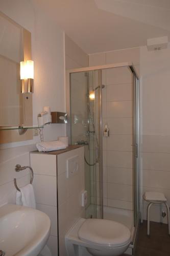 a bathroom with a shower and a toilet and a sink at Wennhof in Scharbeutz