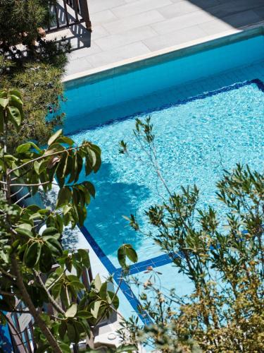 a swimming pool with blue water and some plants at Sirene Blue Luxury Beach Resort in Poros