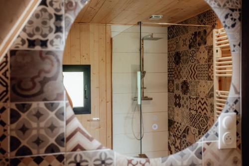 a bathroom with a shower and a mirror at LES CHALETS DE COYRON. in Coyron