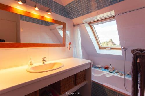 a bathroom with a sink and a mirror at Maison pour 10, avec un grand jardin et une piscine in Penvénan