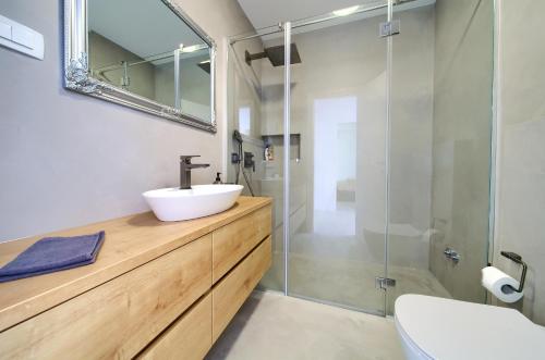 een badkamer met een wastafel en een glazen douche bij Villa I Residence in Punat