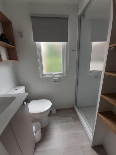 Elle comprend une petite salle de bains pourvue de toilettes et d'une fenêtre. dans l'établissement Mobilhome Le Serenité - La Plage, à Mimizan-Plage
