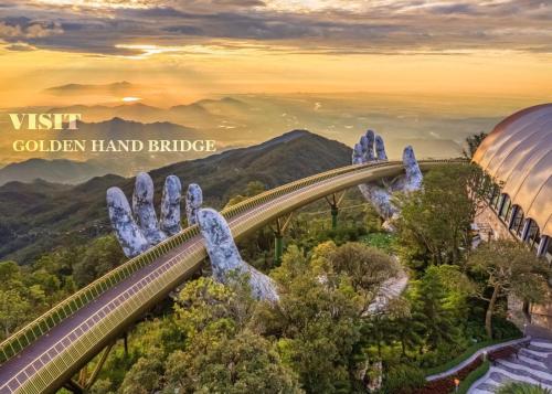 a rendering of the golden hand bridge at the theme park at The Quin Riverside Villa in Hoi An