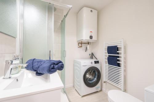 La salle de bains est pourvue d'un lave-linge et d'un sèche-linge. dans l'établissement La Suite du Château A - En plein centre, à Lunéville