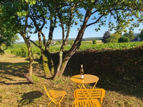 - une table avec une bouteille de vin et 2 chaises dans l'établissement Le Clos Violet Cless Holiday Home For 6, à Clessé