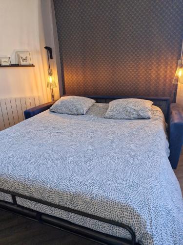 a bedroom with a bed with a blue comforter at Appartement Loire et Château, Hyper Centre, vue Loire, Linge inclus, 3ème étage in Saumur