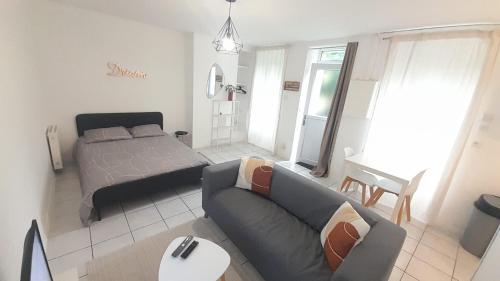 un soggiorno con un divano e un letto di Studio RDC l'Auron- wifi - cour a Vierzon