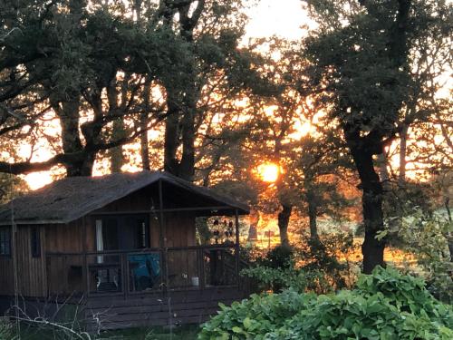 a small cabin with the sun setting behind trees at Les Lodges de Phanou in Prissac