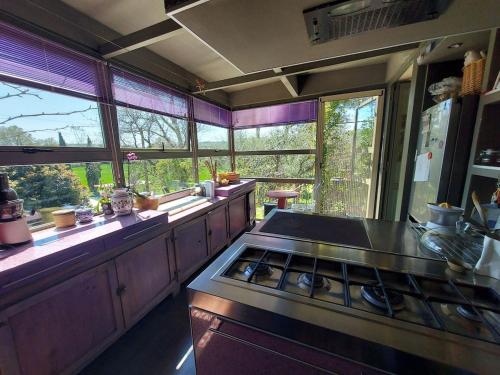 a kitchen with a stove and some windows at La Stellata Casale toscano con piscina Tuscan farmhouse with swimming pool in Manciano