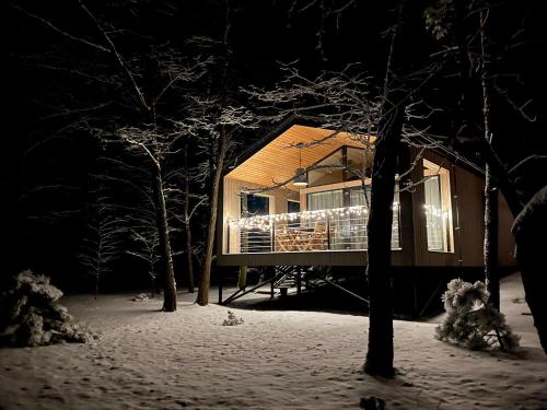 a house lit up in the snow at night at 3pokoje - Domek lub Pokój pod lasem na odludziu, jacuzzi, sauna, kominek, Roztocze in Susiec