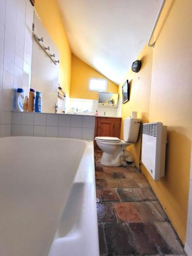 La salle de bains est pourvue d'une baignoire et de toilettes. dans l'établissement Maison de campagne-jardin-wifi proche Beauval, à Villentrois