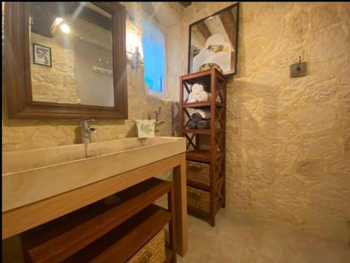 une salle de bain avec un lavabo et un miroir dans l'établissement La maison des Hautes Vallees- jardin-piscine Beauval, à Lye